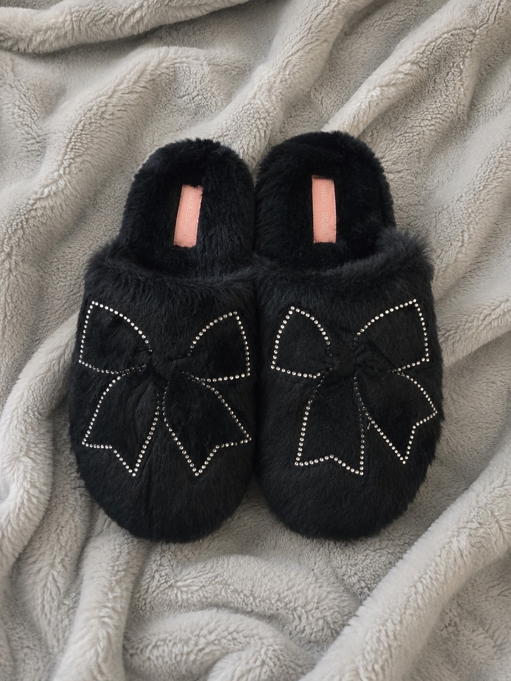 Thalia Sodi Black Faux Fur Bow Slip-On Slippers